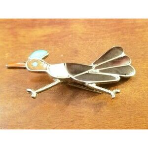 Zuni Native American Sterling Silver Turquoise Coral Roadrunner Brooch Pendant